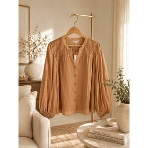 Tommy Bahama Palm Breeze Chipmunk Brown Pintuck Balloon Sleeve Blouse M NWT